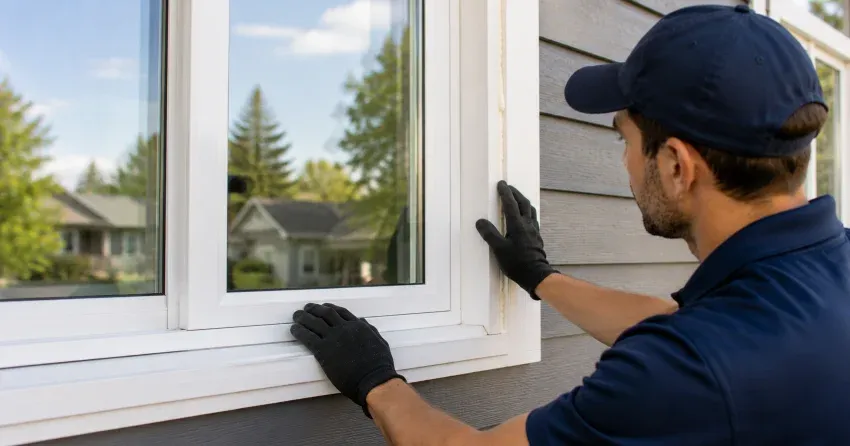 technician comparing full-frame and retrofit window replacement options in Bowmanville