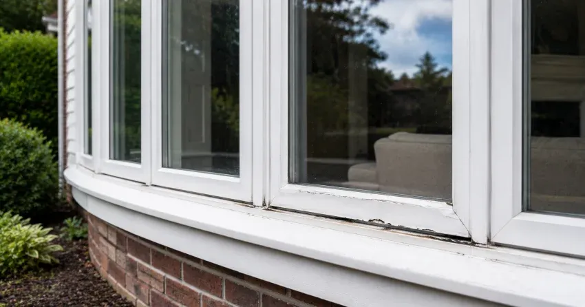 technician inspecting bow window frame and seal for damage in Bowmanville