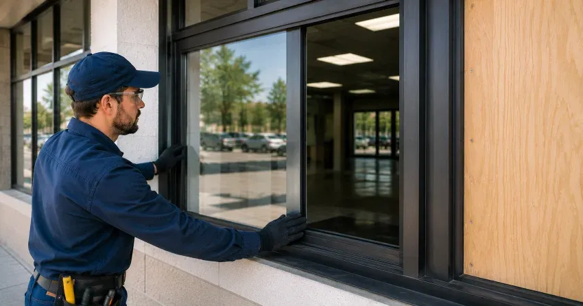 technician boarding a broken window after a break-in in Bowmanville
