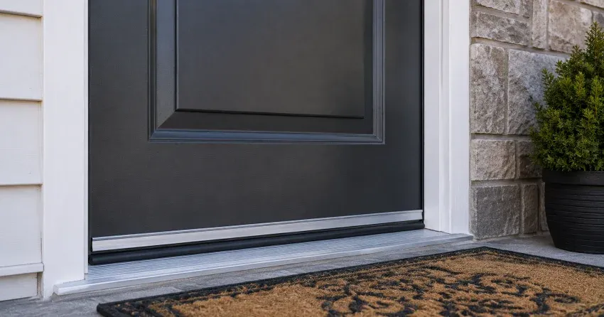 technician replacing worn door weatherstripping in Bowmanville home