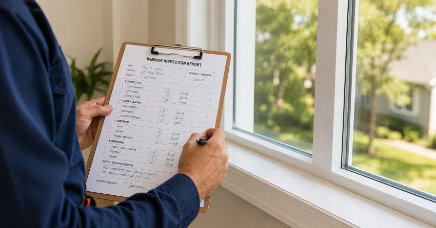technician inspecting window seal and frame in Lakefront, Bowmanville