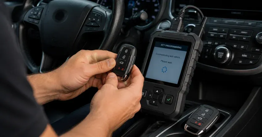 technician inspecting a worn car key before replacement in Downtown, Bowmanville