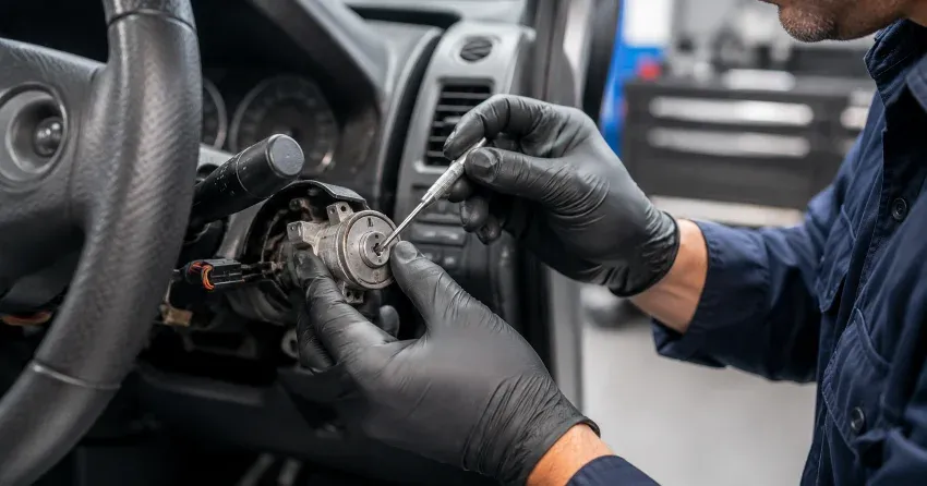technician diagnosing an ignition lock repair issue in Bowmanville