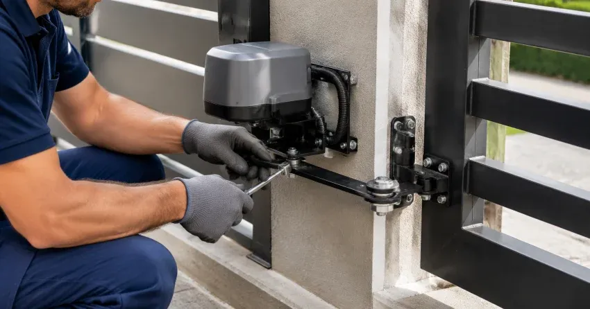 technician diagnosing automatic gate motor and control panel in Downtown, Bowmanville