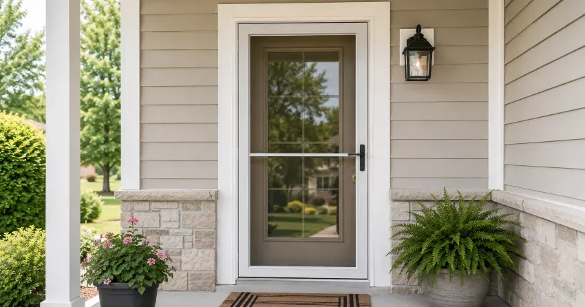 technician hanging storm door square and plumb in Bowmanville