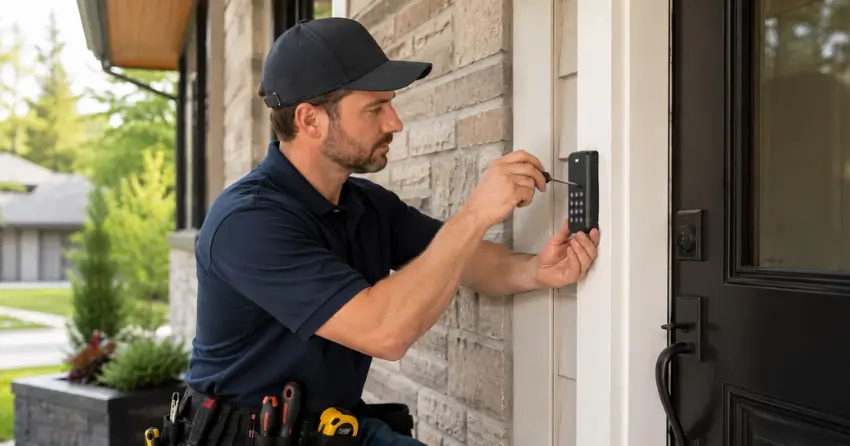 Technician installing an access control system keypad beside a residential front door in North-King Subdivisions, Bowmanville