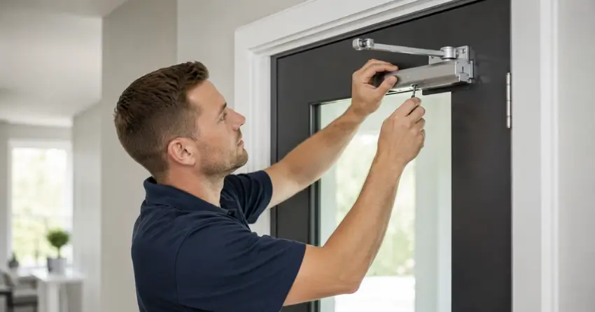 technician adjusting door closer hydraulic valve in Bowmanville home