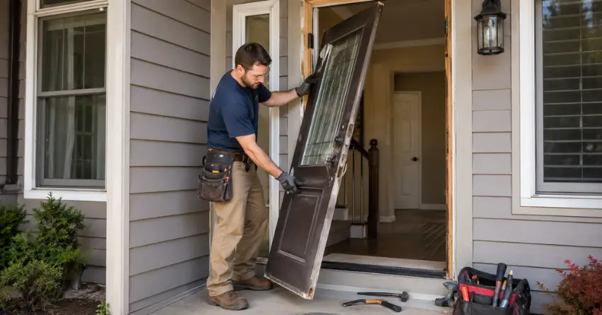 old exterior door being removed for replacement in West Urban Centre, Bowmanville