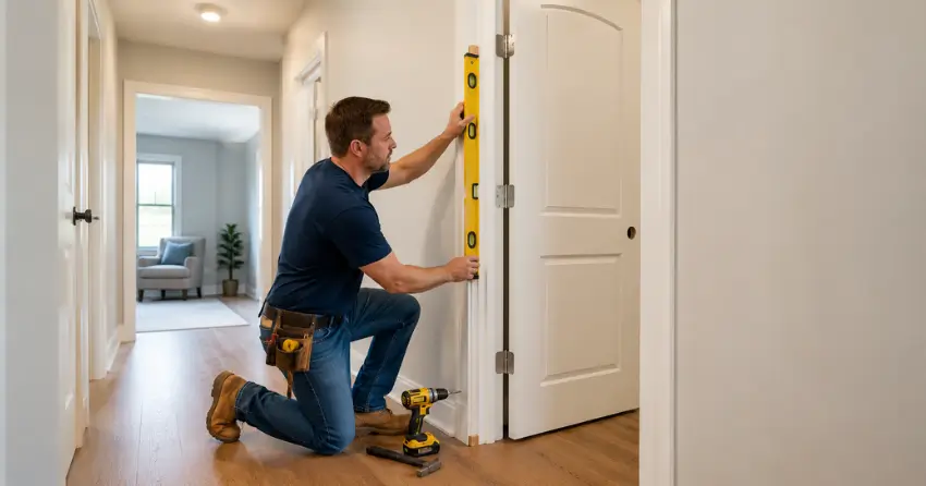 technician installing a pre-hung interior door in a home hallway North-King Subdivisions, Bowmanville
