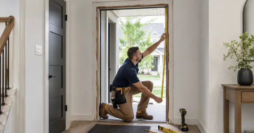technician measuring a door frame before new door installation in Bowmanville