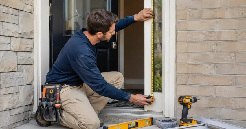 technician measuring door frame before storm door install in Lakefront, Bowmanville