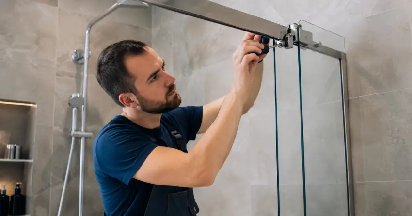 technician adjusting shower door hinge and track in Bowmanville