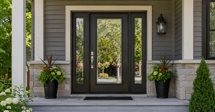 glass entry door with sidelights on a home in West Beach, Bowmanville