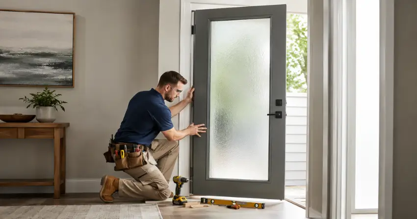 glass panel door installation with frosted privacy glass in residential setting in West Beach, Bowmanville