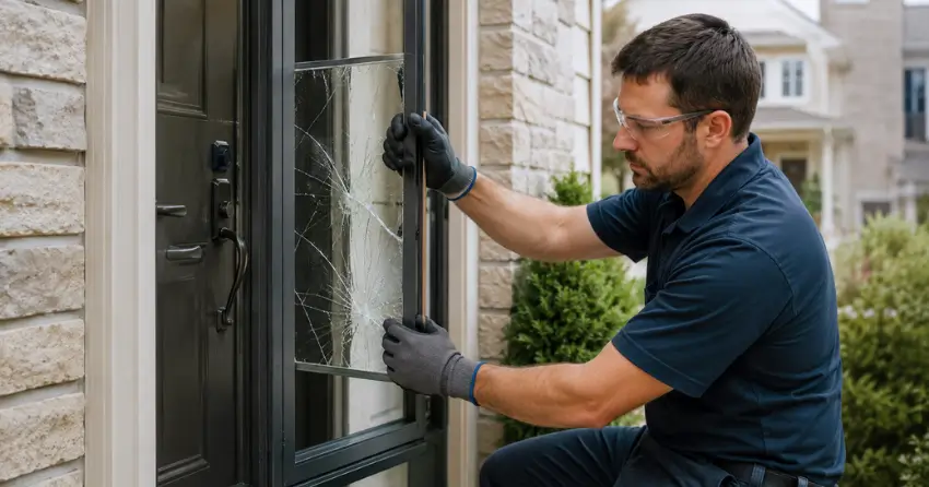 technician removing cracked storm door glass panel in Downtown, Bowmanville