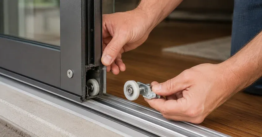 sliding door alignment Downtown, Bowmanville technician adjusting roller track