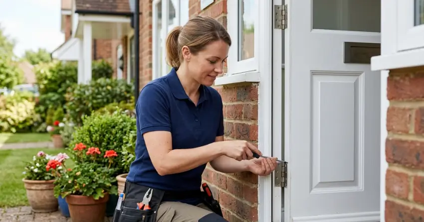 technician repairing exterior door hinge and frame in West Urban Centre, Bowmanville