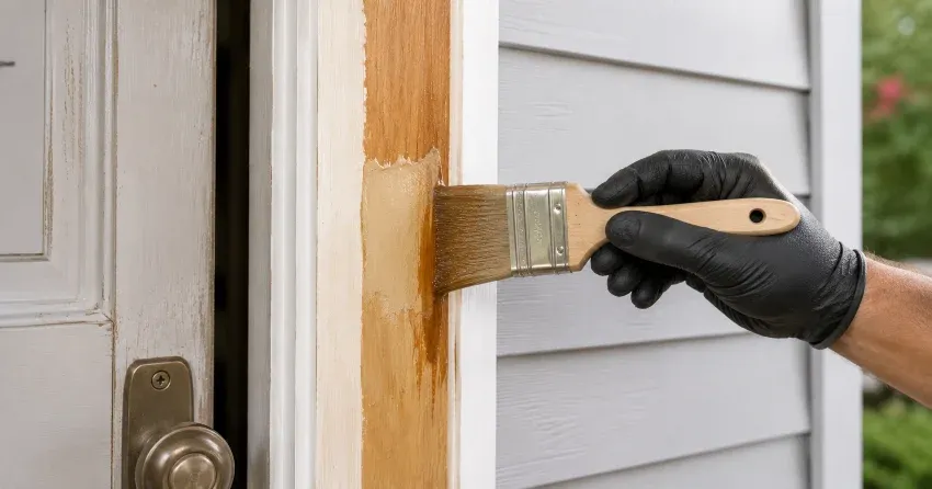 technician probing rotted wood on a door frame in Bowmanville