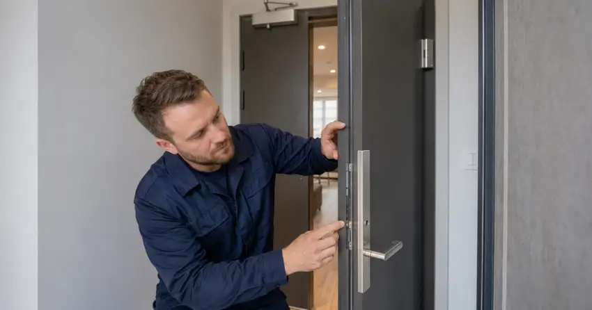 technician inspecting fire-rated door seal and hardware in Port Darlington, Bowmanville