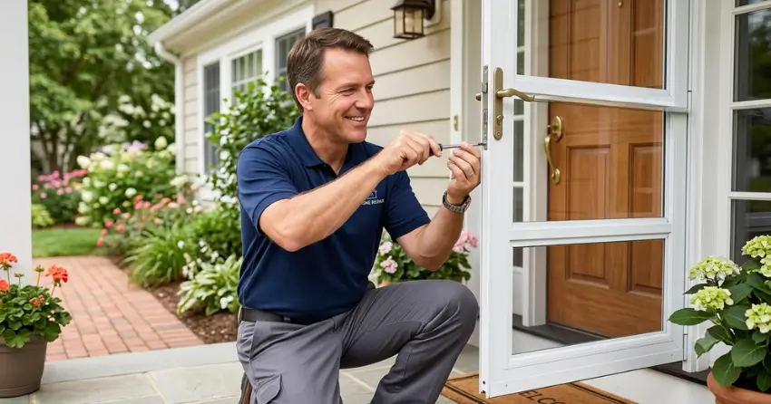 technician adjusting storm door hinge and closer in West Urban Centre, Bowmanville