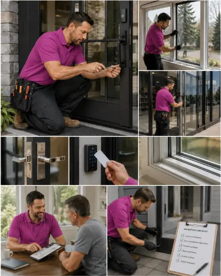 A technician testing a multi-point locking system on a newly fitted door
